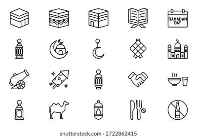 Conjunto de iconos de línea de Ramadán. Contiene iconos de contorno lineal como Islam, Eid Mubarak, Mezquita, Musulmán, Ramadán, La Meca, Linterna, Camello, Corán, Rezar. Paquete de iconos de contorno delgado. Ilustración vectorial