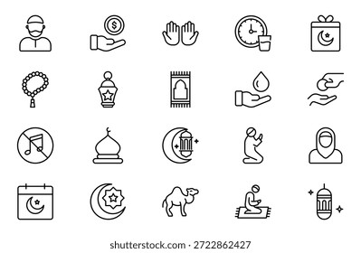 Conjunto de ícones da linha do Ramadã. Conter ícones de contorno linear como Islã, Eid Mubarak, Mesquita, Muçulmano, Ramadã, Meca, Lanterna, Camelo, Alcorão, Rezar. Pacote fino de ícones de estrutura de tópicos. Ilustração vetorial