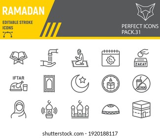 Ramadan-Linie-Symbol-Set, Islamsammlung, Vektorgrafiken, Logo-Illustrationen, Happy Ramadan-Vektorsymbole, arabische Zeichen, Umrisspiktogramme, bearbeitbarer Strich