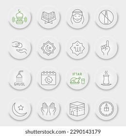 Ramadan line icon set, islamic holiday symbols collection, vector sketches, neumorphic UI UX buttons, islam icons, muslim day signs linear pictograms