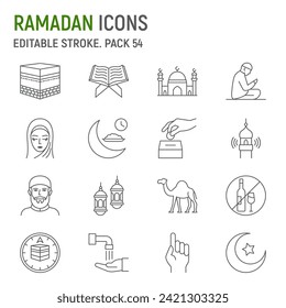 Ramadan-Linie-Symbol-Set, Islamische Sammlung, Vektorgrafiken, Logo-Illustrationen, muslimische Vektorsymbole, islamische Zeichen, Umrisspiktogramme, bearbeitbarer Schlaganfall