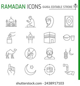 Conjunto de iconos de línea de Ramadán, colección de vectores musulmanes, ilustraciones de logotipos, símbolos islámicos iconos vectoriales, paquete de pictogramas de estilo de contorno, iconos de trazo editables.