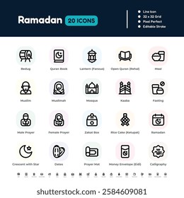 Ramadan Line Icon Set – Pixel Perfect Editable Stroke Vector Design