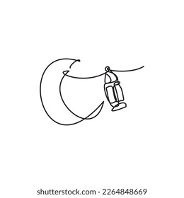 Ramadan line iconic. Continuous one line drawing of traditional lantern and crescent moon logo. Vector illustration of lantern and crescent moon for icon, symbol logo ramadan, eid, hajj, umrah.