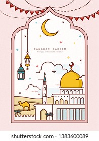 Ramadan line style design with mosque in the desert