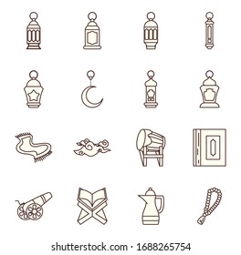 Ramadan line style icon set design, Islamic muslim religion culture belief religious faith god spiritual meditation and traditional theme Vector illustration