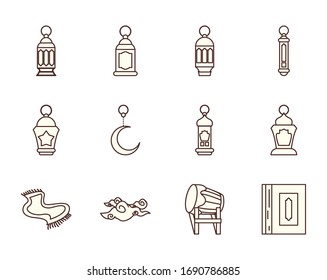 Ramadan line style icon set design, Islamic muslim religion culture belief religious faith god spiritual meditation and traditional theme Vector illustration