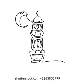 Ramadan line vector. Simple line drawing of minaret and crescent moon editable. Ramadan symbol icon. Vector illustration of minaret and crescent moon for icon, symbol, logo ramadan, eid, hajj, umrah.