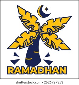 Ramadan logo vector design with coconut tree in yellow and blue color. suitable for logo, icon, poster, advertisement, banner, company, t-shirt design, sticker, website.