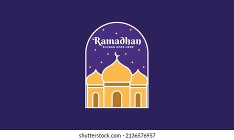 Ramadan Logo Vector auf violettem Hintergrund steht eine glänzende Moschee