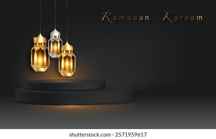 Ramadan Luxury 3D Islamic Podium with gold Arabic Hanging light Lamps, traditional Arab banner for product showcase, Product presentation, cosmetic, base, sales, vector black background