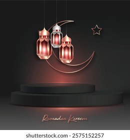 Ramadan Luxury 3D Islamic Podium with gold Arabic Hanging light Lamps, traditional Arab banner for product showcase, Product presentation, cosmetic, base, sales, vector black background