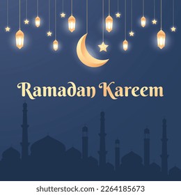 Ramadan luxury background. Islamic background with a combination of shining gold lanterns, crescent moon and mosque, suitable for posters, banners, social media and more