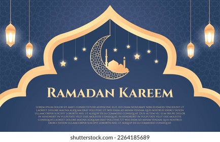 Ramadan luxury background. Islamic background with a combination of shining gold lanterns, crescent moon and mosque, suitable for posters, banners, greeting cards and more