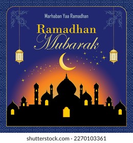 Ramadan luxury, creative and elegant square vector illustration of silhouette mosque, Arabic lantern and Islamic ornament. Arabic translation  blessed Ramadan. Vector Illustration.