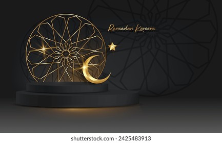 Ramadán Podio islámico de lujo con luna creciente de oro, marco redondo islámico tradicional. Banner árabe horizontal 3D para el escaparate del producto, presentación del producto, cosmético, base, ventas, fondo negro