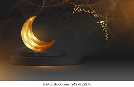 Ramadan Luxury Islamic Podium with gold crescent moon, traditional islamic round frame. 3D Horizontal Arabic Banner for product showcase, Product presentation, cosmetic, base, sales, black background
