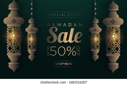 Ramadan luxury sale banner template with lamp on the green background