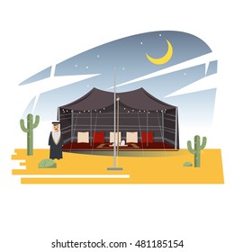 Ramadan Majlis Tents. Arabian tent in dessert with arab men character in the front. nightime - vector illustration