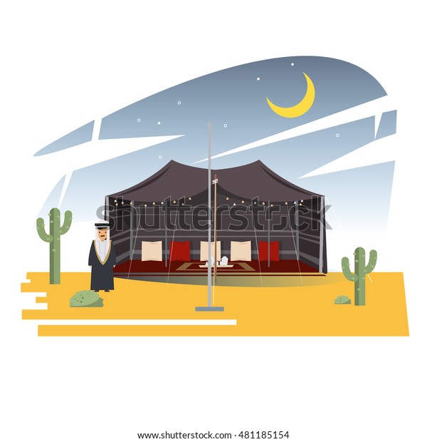 Ramadan Majlis\
Tents. Arabian tent in dessert with arab men character in the\
front. nightime - vector\
illustration
