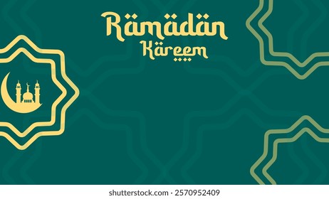 Ramadan mandala theme horizontal background. Ramadan banner in green color with moon and mosque. Place for text. Vector illustration in flat design style