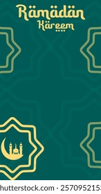 Ramadan mandala theme vertical background. Ramadan banner in green color with moon and mosque. Place for text. Vector illustration in flat design style