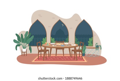 Ramadan meal 2D vector web banner, poster. Family dinner. Iftar, ramazan fasting. Traditional indian home flat interior on cartoon background. Arabian culture printable patch, colorful web element