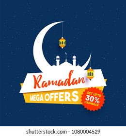 Ramadan Mega Offers Banner Design With Crescent Moon, Hanging Lanterns And 30% Discount Offer On Blue Background. 