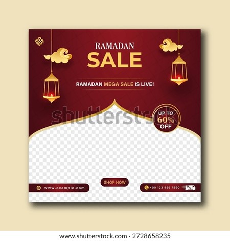 Ramadan Mega Sale Poster Design with Sixty Percent Discount Offer, Glowing Golden Lanterns on Red Background and Image Placeholder.