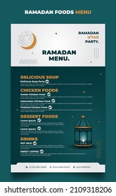 Ramadan Menu Template In Green, White And Gold Islamic Background With Lantern Design. Iftar Mean Is Breakfasting And Arabic Text Mean Is Ramadan. Also Good Template For Restaurant Menu Design.