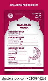 Ramadan Menu Template In Pink And White Islamic Background With Lantern And Moon Design. Iftar Mean Is Breakfasting And Arabic Text Mean Is Ramadan. Also Good Template For Restaurant Menu Design.