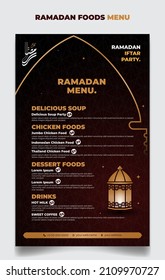 Ramadan menu template in red and gold islamic background with lantern design. Iftar mean is breakfasting and arabic text mean is ramadan. Also good template for restaurant menu design.