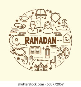 ramadan minimal thin line icons set, vector illustration design elements