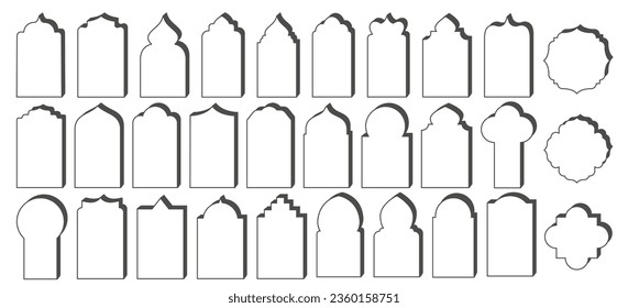 Ramadan minimal Y2K frame. Islamic boho arches set. Aesthetic modern vector elements for post and card isolated on white background. Outline minimalistic decorative templates set.