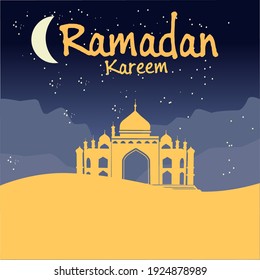 Ramadan modern vector design with mosque image and night background with moonlight