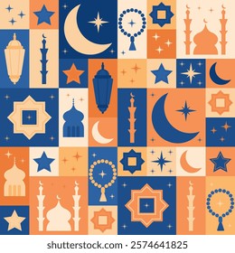 Ramadan modular pattern with crescent moons, stars, mosques, lanterns, minarets, and prayer beads in a geometric design on a blue and orange background