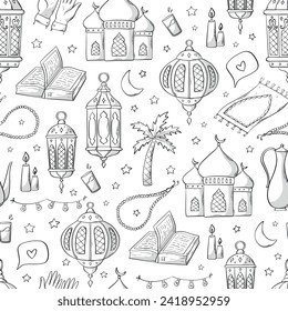 Patrón monocromo de Ramadán sin fisuras con doodles, elementos de dibujos animados para papel envoltorio, páginas de colorante, embalaje, papel tapiz, impresiones textiles, etc. EPS 10