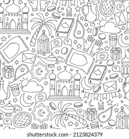 Ramadan monochrome seamless pattern with hand drawn doodles. Good for wrapping paper, scrapbooking, wallpaper, coloring pages, packaging, etc. EPS 10