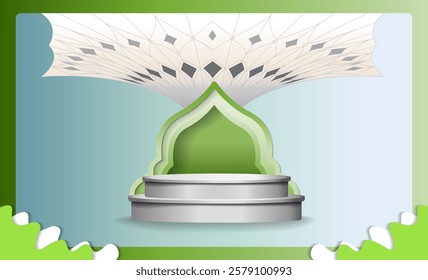 Ramadan month banner template with 3D podium and umbrella illustration