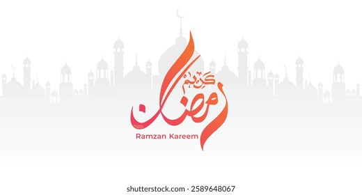 Ramadan is the month of blessing Ramadan Kareem text translation in Arabic lettering, Welcome Ramadan in Arabic. Ramadan Kareem Arabic Calligraphy. Ramzan Kareem Arabic Typography