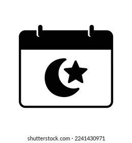 Ramadan month calendar icon to show Muslim fasting schedule with moon and stars in black solid style