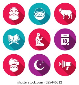 Ramadan - the month of fasting obligatory for Muslims icons set. Vector Illustration.