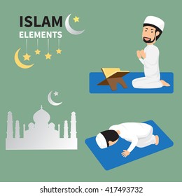 Ramadan month for Muslims and muslim Men Doing Religious Rituals. The traditions of Islam. Vector flat illustration.