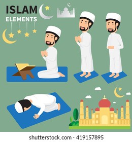 Ramadan month for Muslims and Muslim Men Doing Religious Rituals. The traditions of Islam. Vector flat illustration.