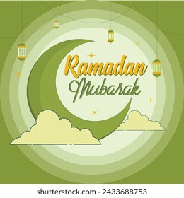 Ramadan moon in dark green sky Background, Ramadan Mubarak, Ramadan Kareem, Typography template.