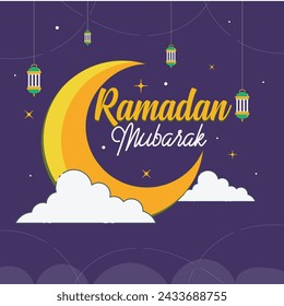 Ramadan moon in dark purple sky Background, Ramadan Mubarak, Ramadan Kareem, Typography template.