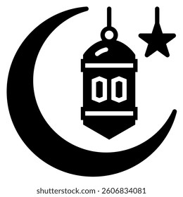 Ramadan Moon with Lantern and Star Decoration in Black Silhouette