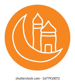 Ramadan moon and mosque block line style icon design, Islamic muslim religion culture belief religious faith god spiritual meditation and traditional theme Vector illustration