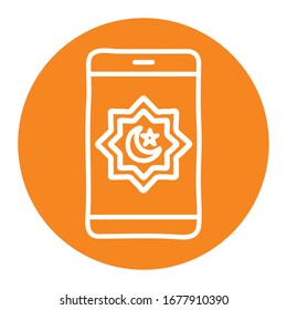 Ramadan moon and star inside smartphone block line style icon design, Islamic muslim religion culture belief religious faith god spiritual meditation and traditional theme Vector illustration