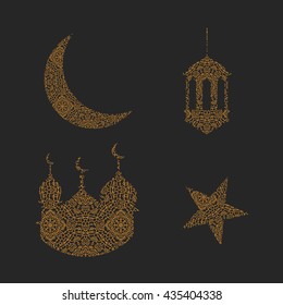 Ramadan moon, star, lamp and mosque made with abstract ornament. Set of  ramadan kareem elements.